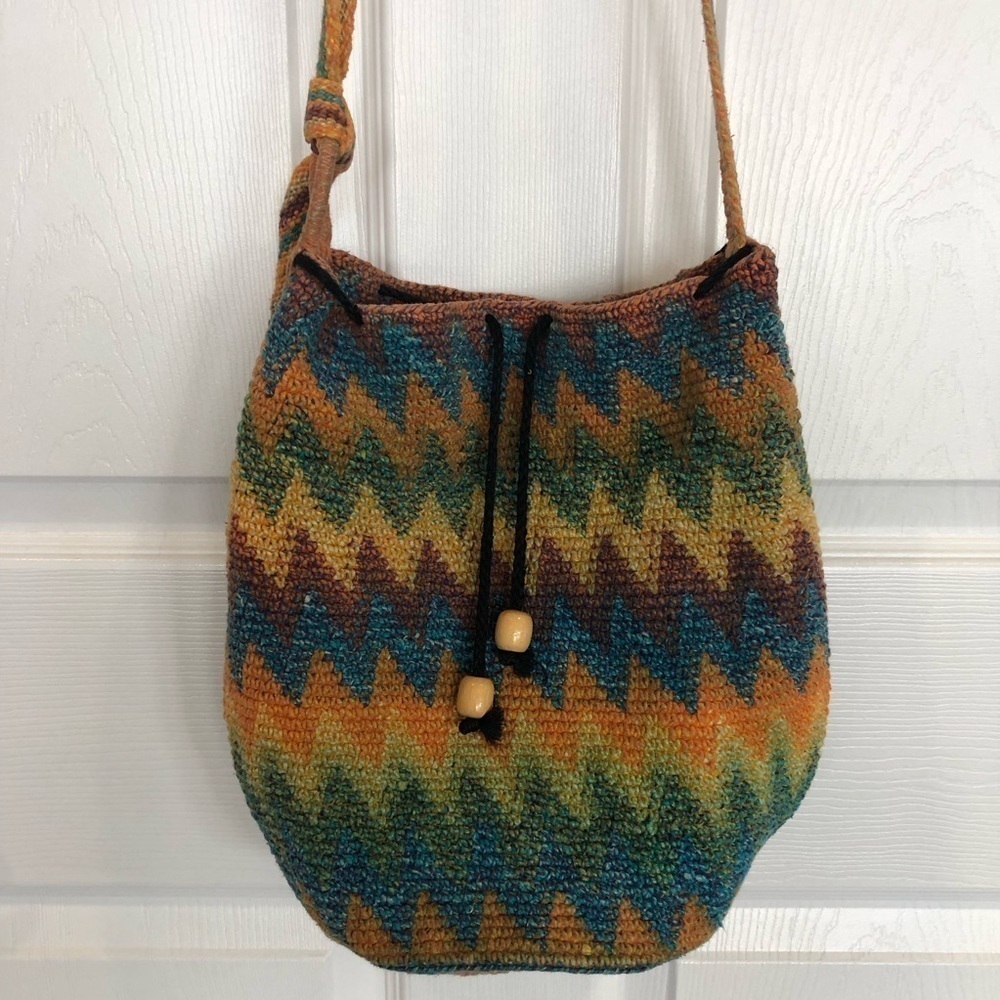 Woven Mayan Bucket bag boho hippie shoulder or crossbody earthtones